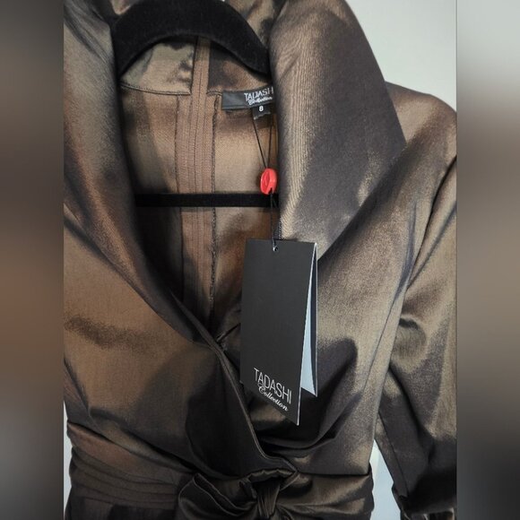 Tadashi Collection Chocolate Brown NWT Satin Blouse Sz 8 Ruched Cuffs Bow Detail - Picture 5 of 10